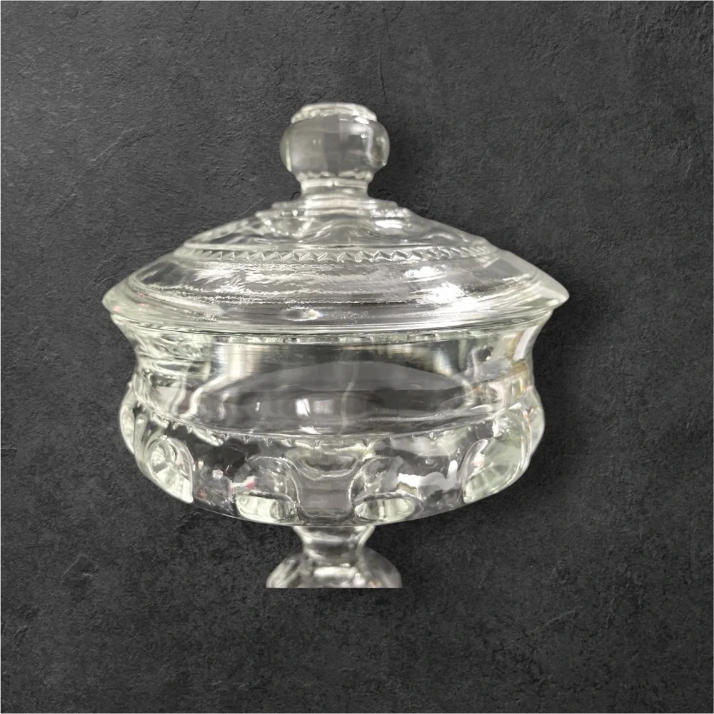 Vintage Indiana Glass Kings Crown Clear Thumbprint Pedestal Candy Dish With Lid
